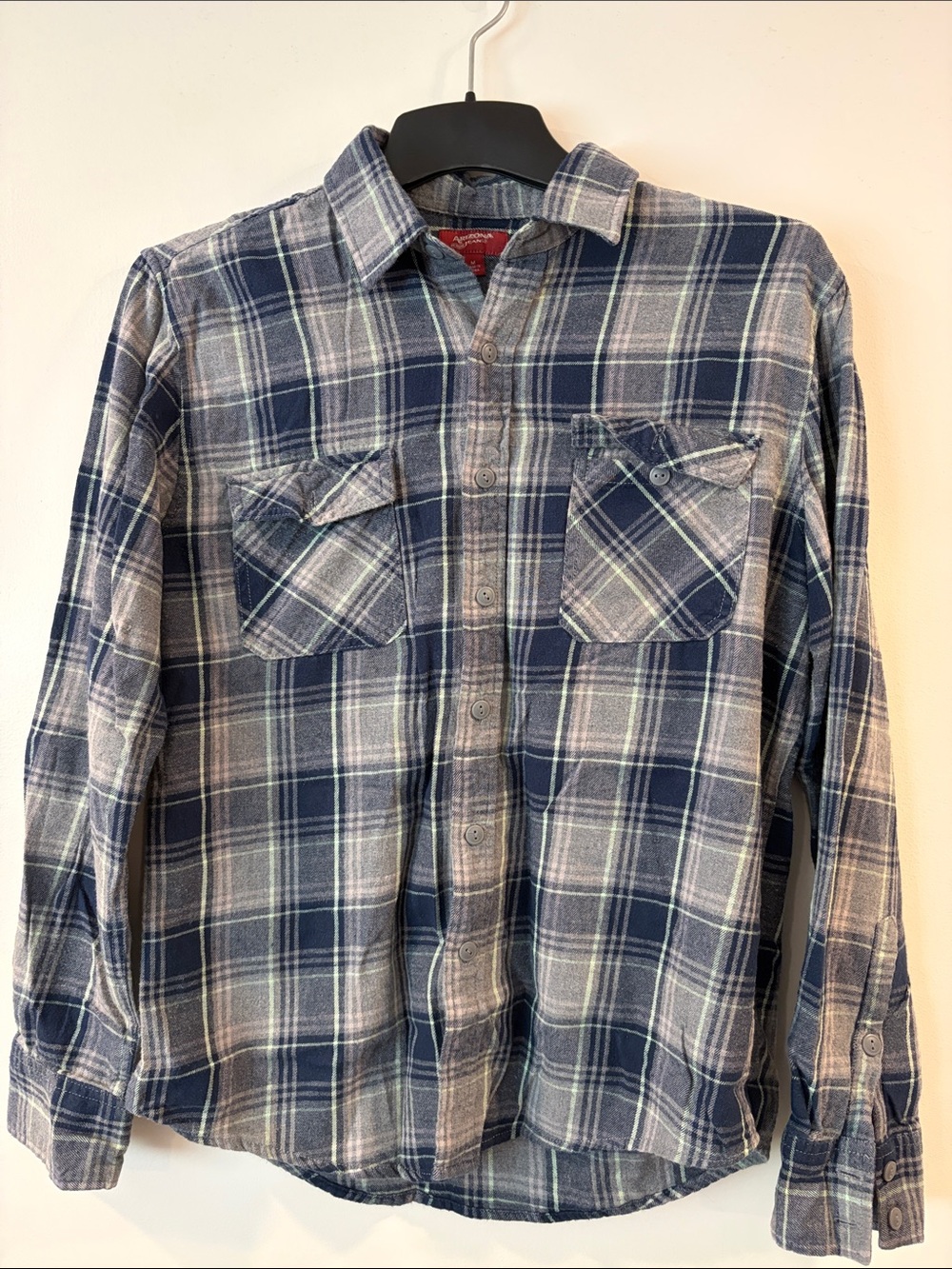 Arizona Jean Company Men's Blue and Gray Plaid Button-Down Shirt